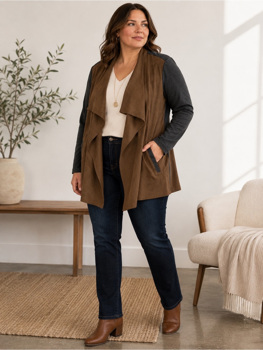 Chico’s Travelers Faux Suede Drape Jacket Brown Charcoal Open Front XL